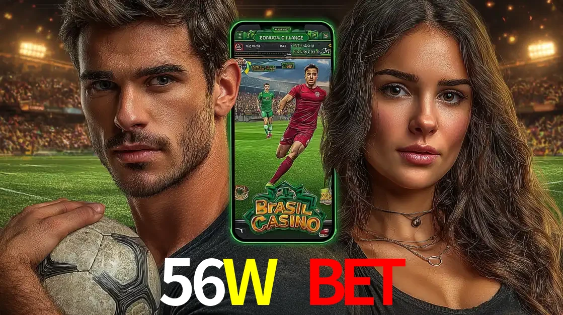 Homem segurando uma bola de futebol e uma mulher ao lado de um smartphone exibindo o jogo de apostas esportivas da 56W BET. Faça seu palpite no cassino online.